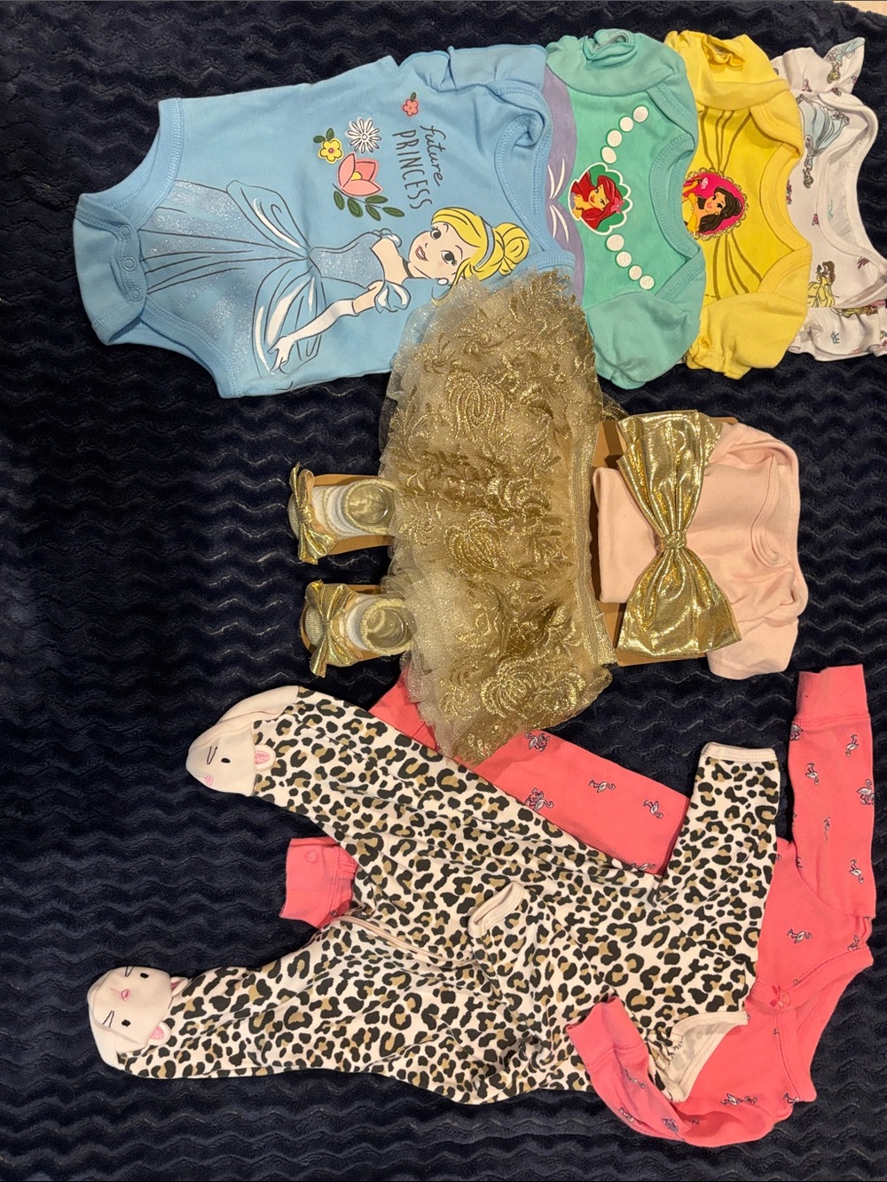 Kids Gold Tulle Dress & Accessories Set - Pink and Blue Bodysuits and fun PJs